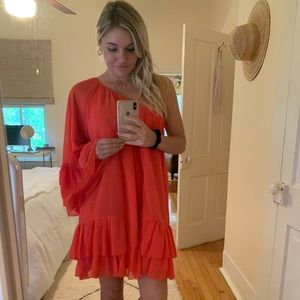 Red ruffle off the shoulder dress